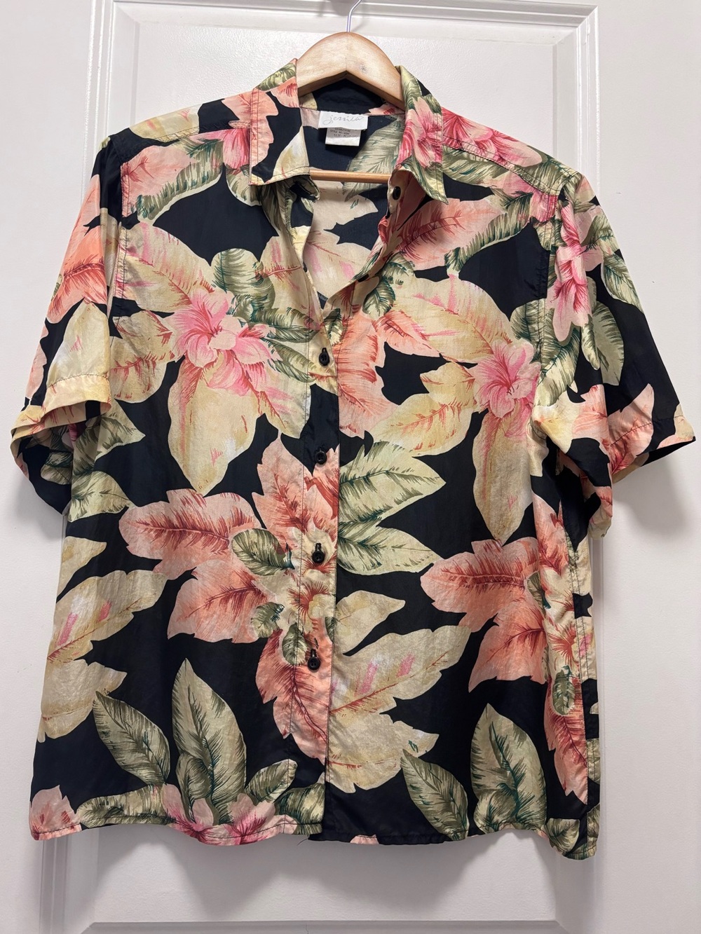 Jessica Black Short-Sleeve Button-Down Shirt with Pink & Green Floral Print